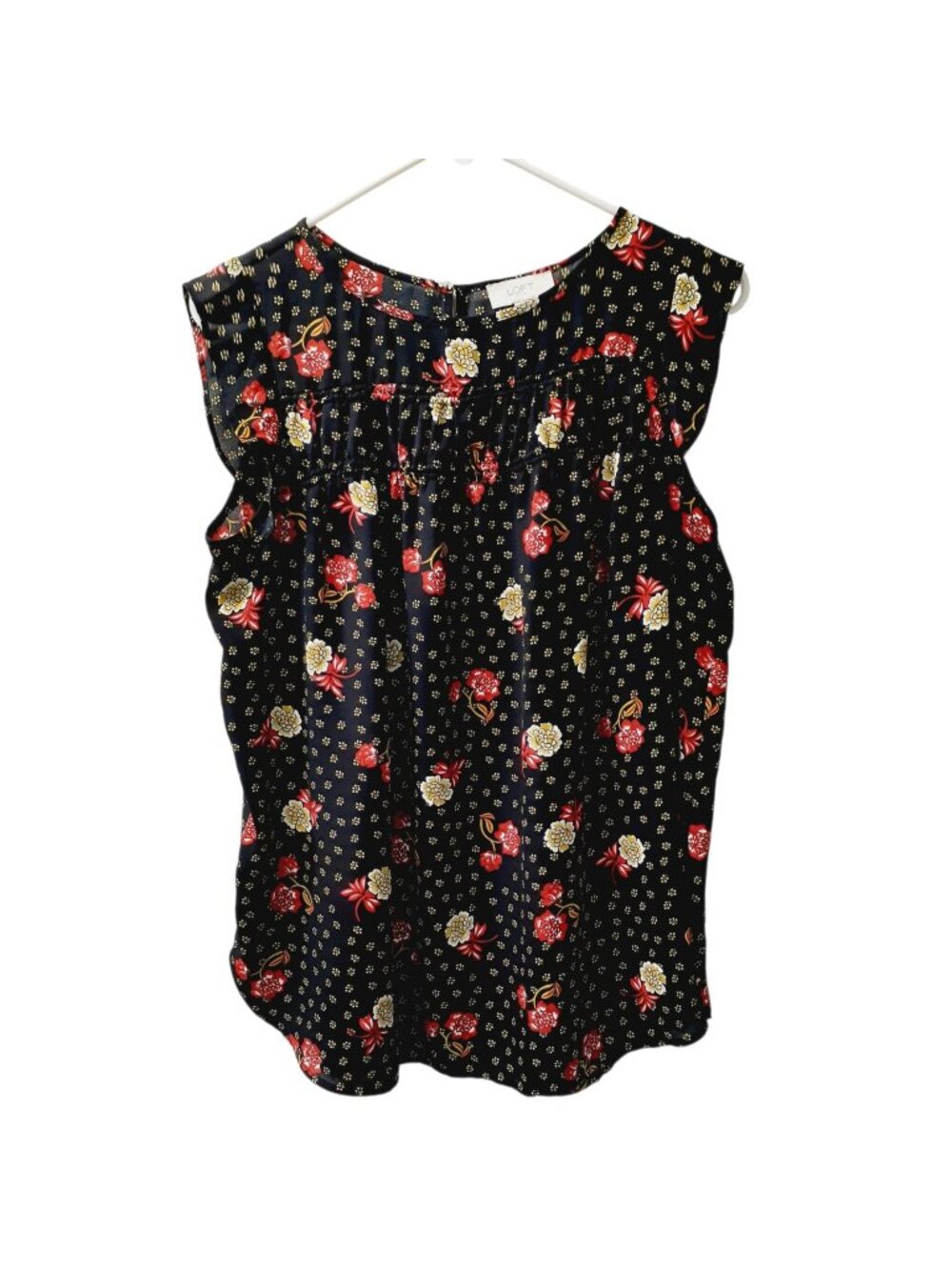 LOFT Womens Outlet Tank Top Medium Black Floral Ruffled Round Neck Sleeveless